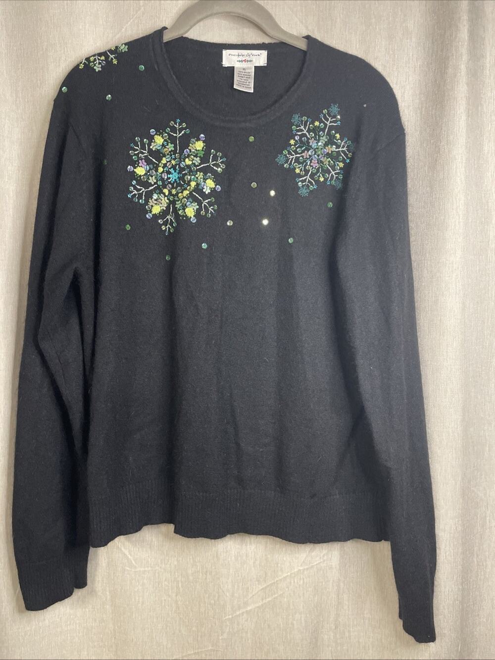 VTG Preston & York Black Angora/Wool Snowflake Sweater -Beaded & Sequins (2005)